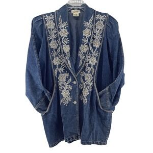 VTG 80s Revival Denim Power Jacket Womens L Padded Blazer Couture Bling Glam